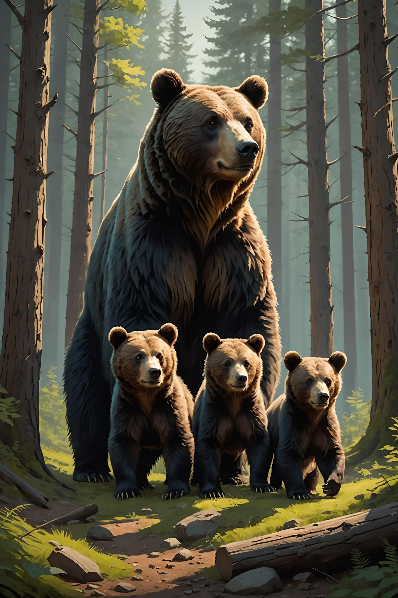 Bear Family in Forest Concept Art