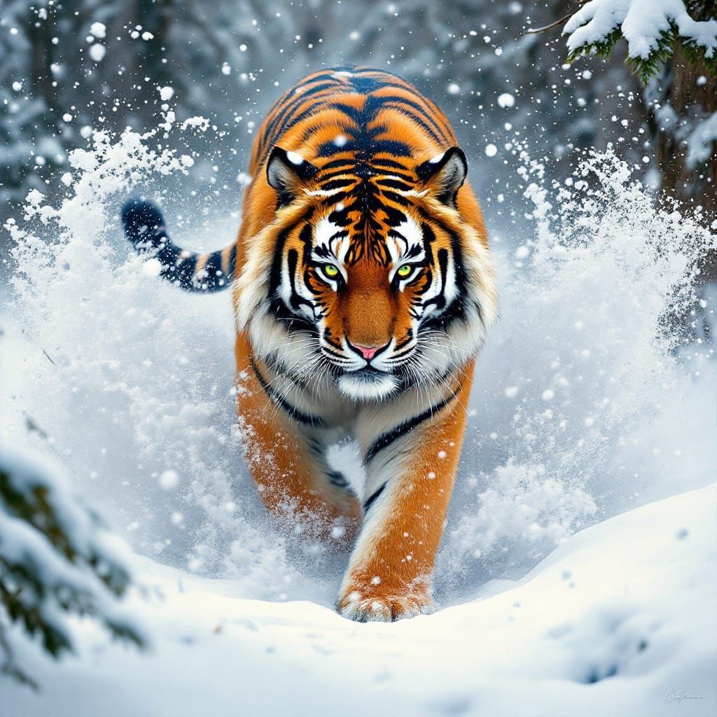 Cyberpunk Tiger in Winter Storm
