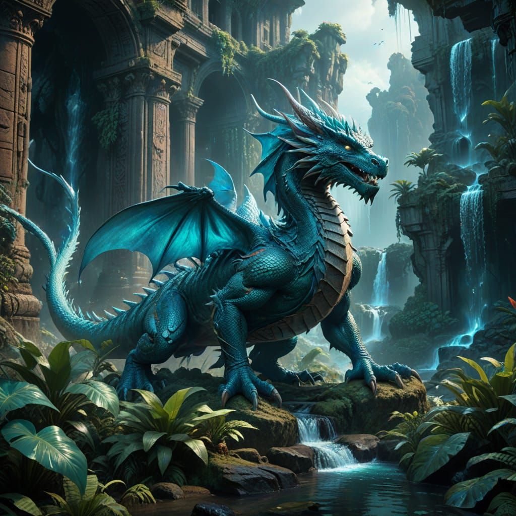 Turquoise Dragon Soaring Through Jungle Ruins