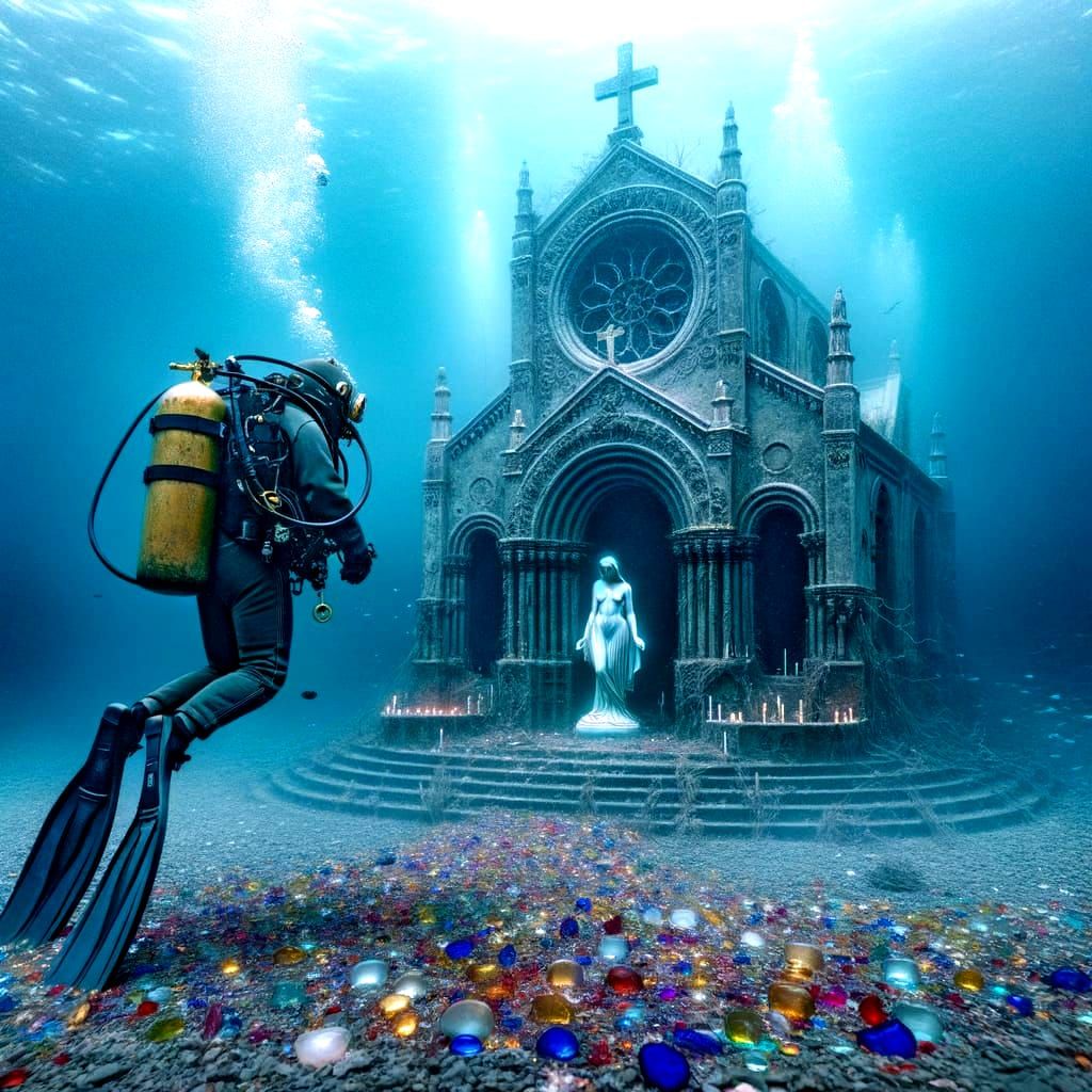 Underwater Chapel with Diver and Weeping Statue