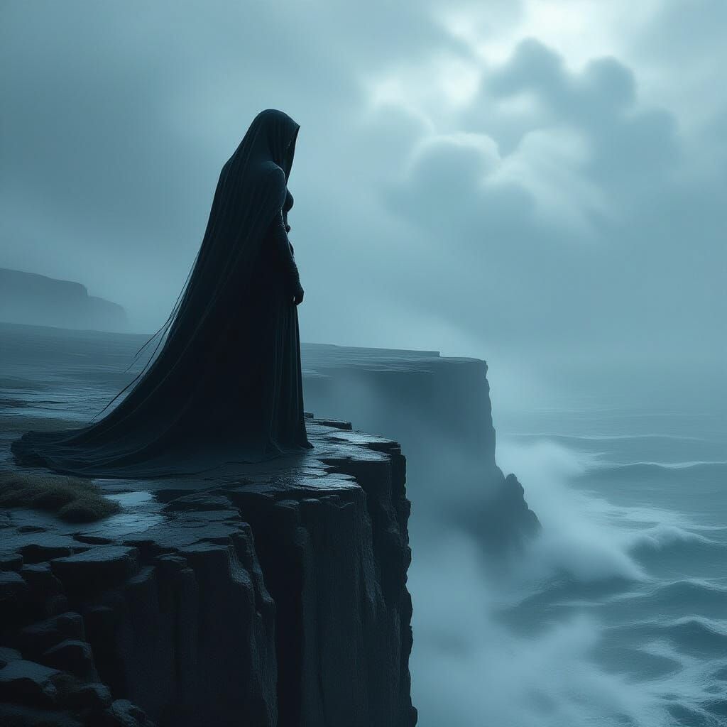 Melancholy Goddess on Stormy Cliff in Film Noir Style