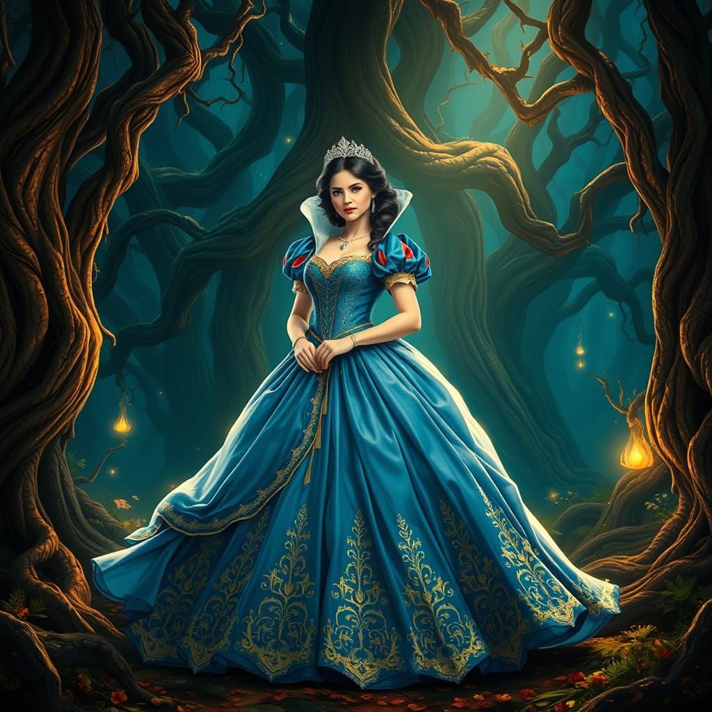 Medieval Princess in Vibrant Blue Ball Gown, Set in a Mystic...