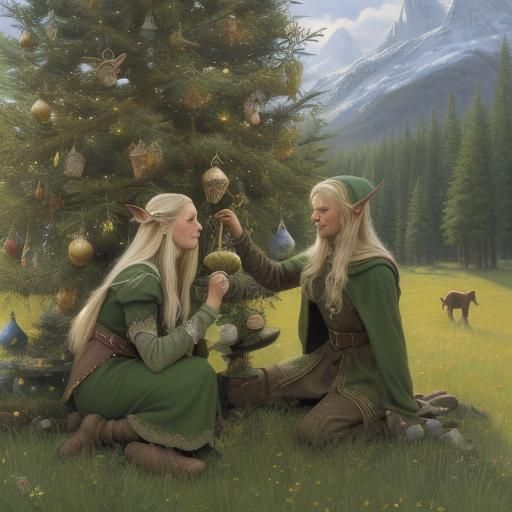 Norse elves decorating evergreen tree in a meadow