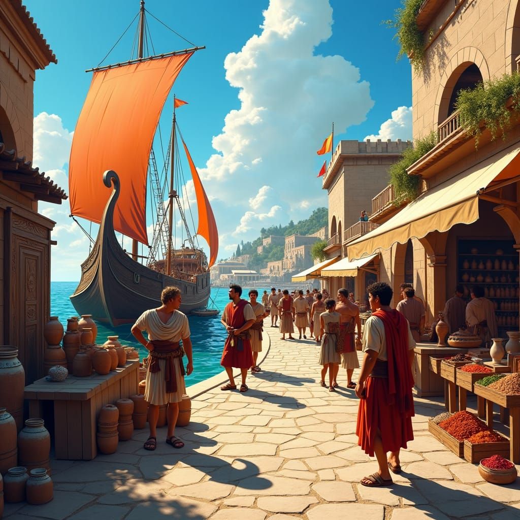 Bustling Roman Port Scene in Golden Sunlight