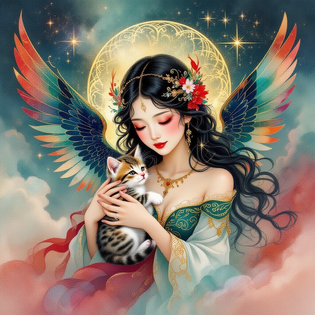 Ethereal Angel with Stardust Wings Cradles Kitten in Cosmic ...