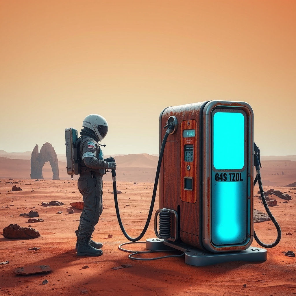 Astronaut Refuels Spaceship on Mars in Retro-Futuristic Styl...