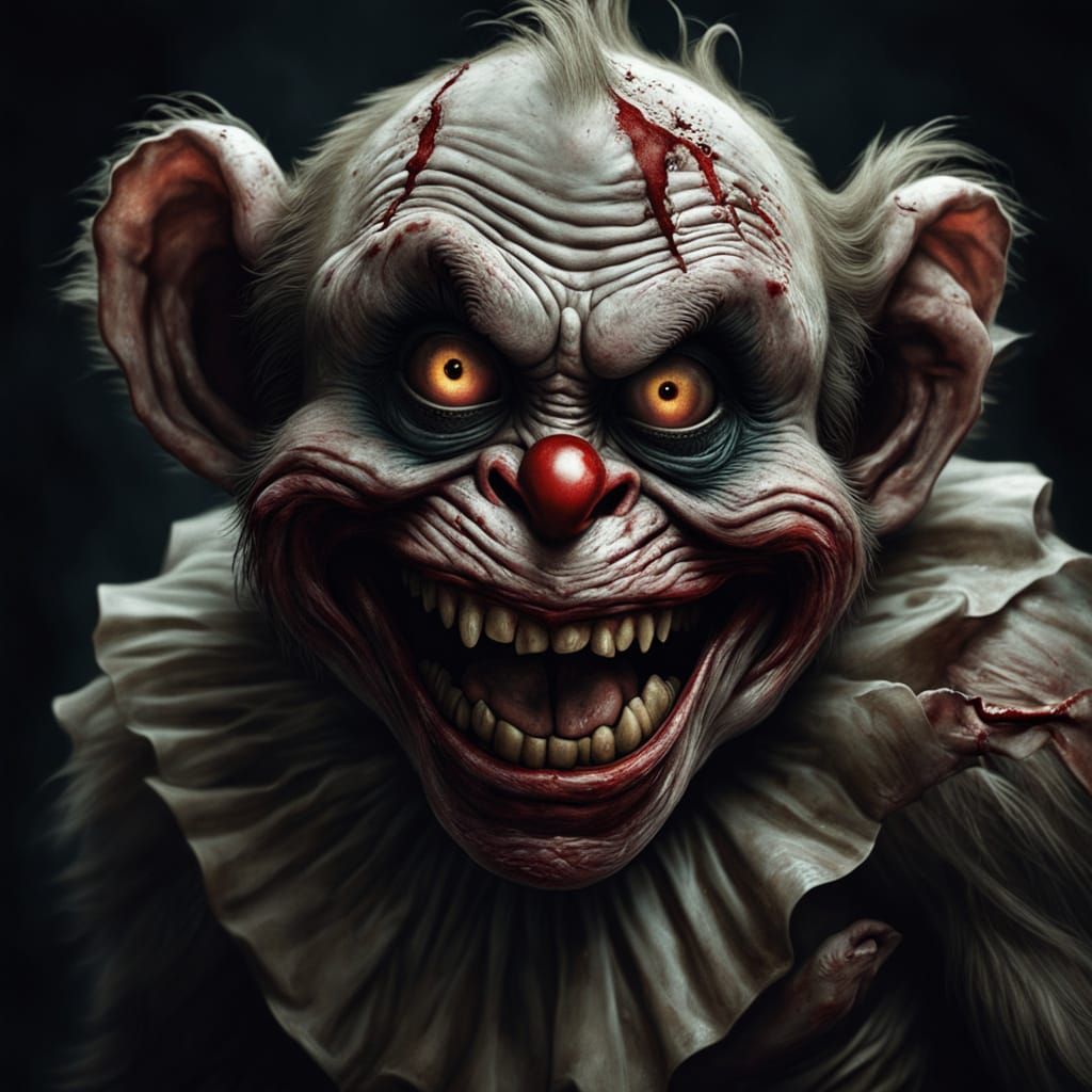 Grotesque Monkey Monster Clown in Dark, Surreal Atmosphere
