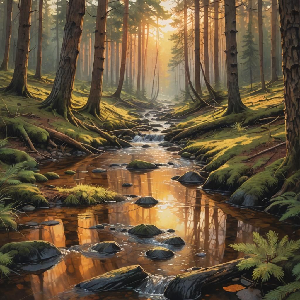 Warm Sunset Brook in Pine Forest: Cinematic Landscape