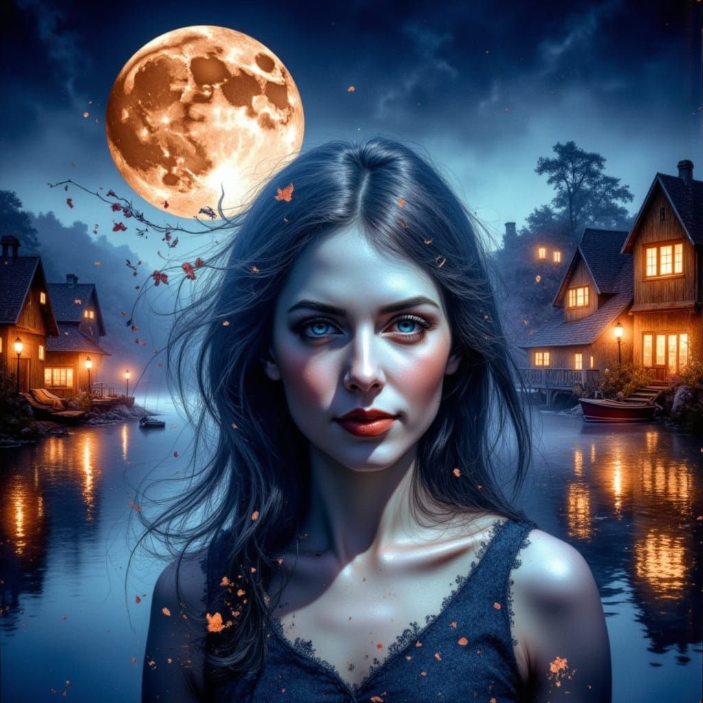 Vaporwave Double Exposure Moonlit Lakeside Village