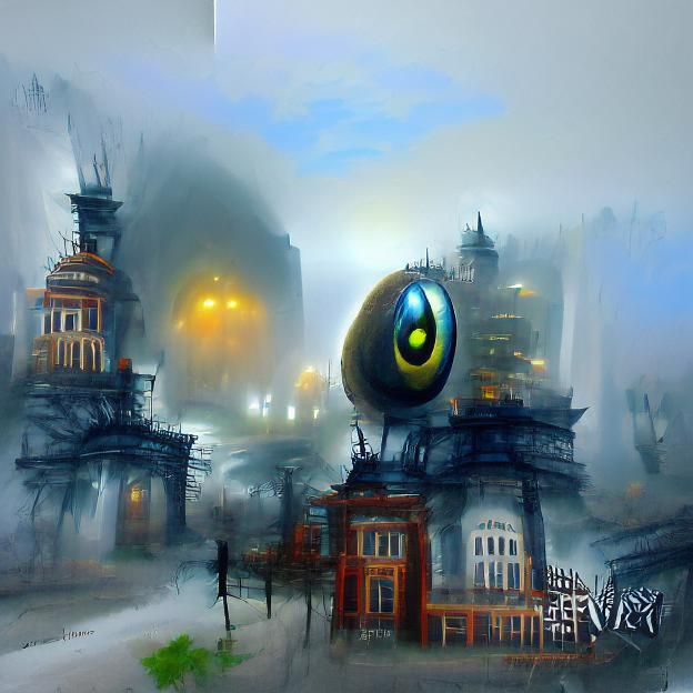 Foggy Cyberpunk City with Giant Eye Concept Art
