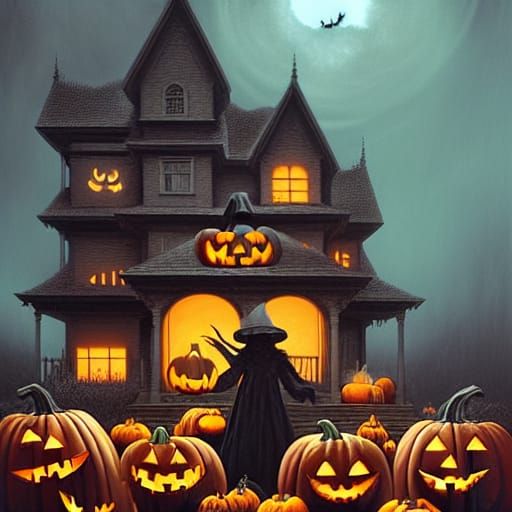 Haunted House Wallpaper with Pumpkins in Digital Illustratio...