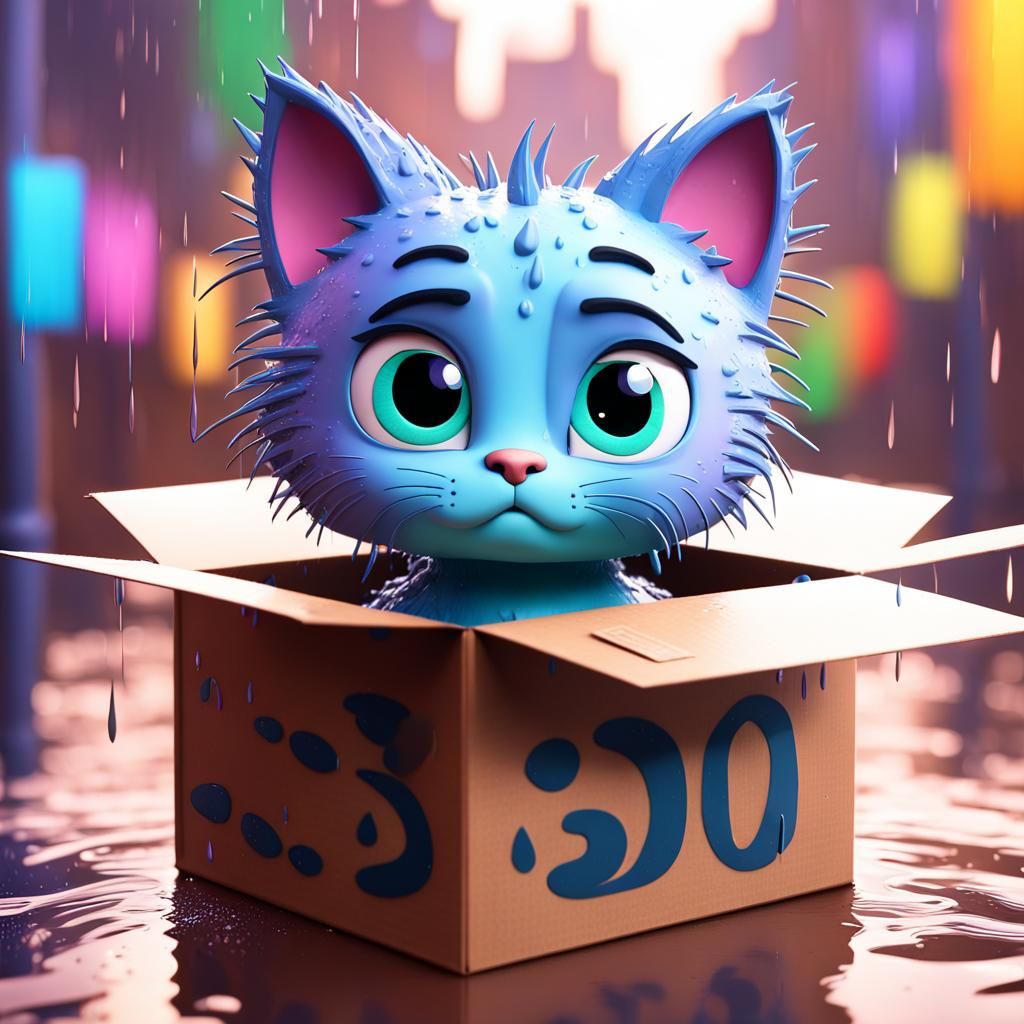 Sad Kitty in Box: 3D Digital Art