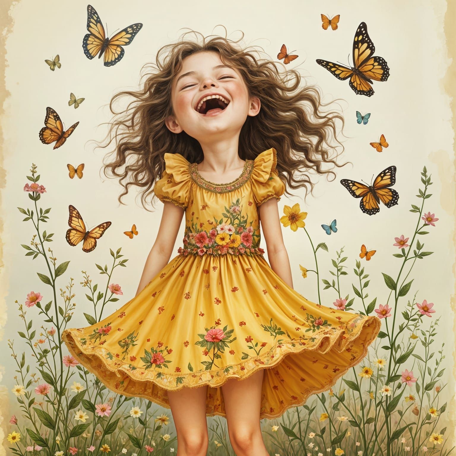 Girl Laughing with Butterflies in Detailed Portrait