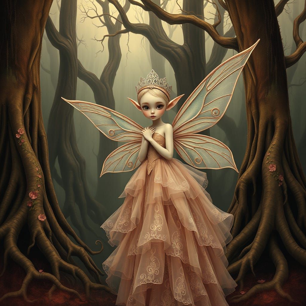 Fairy Elf in Dreamlike, Surrealist Pink and Gold Fantasy