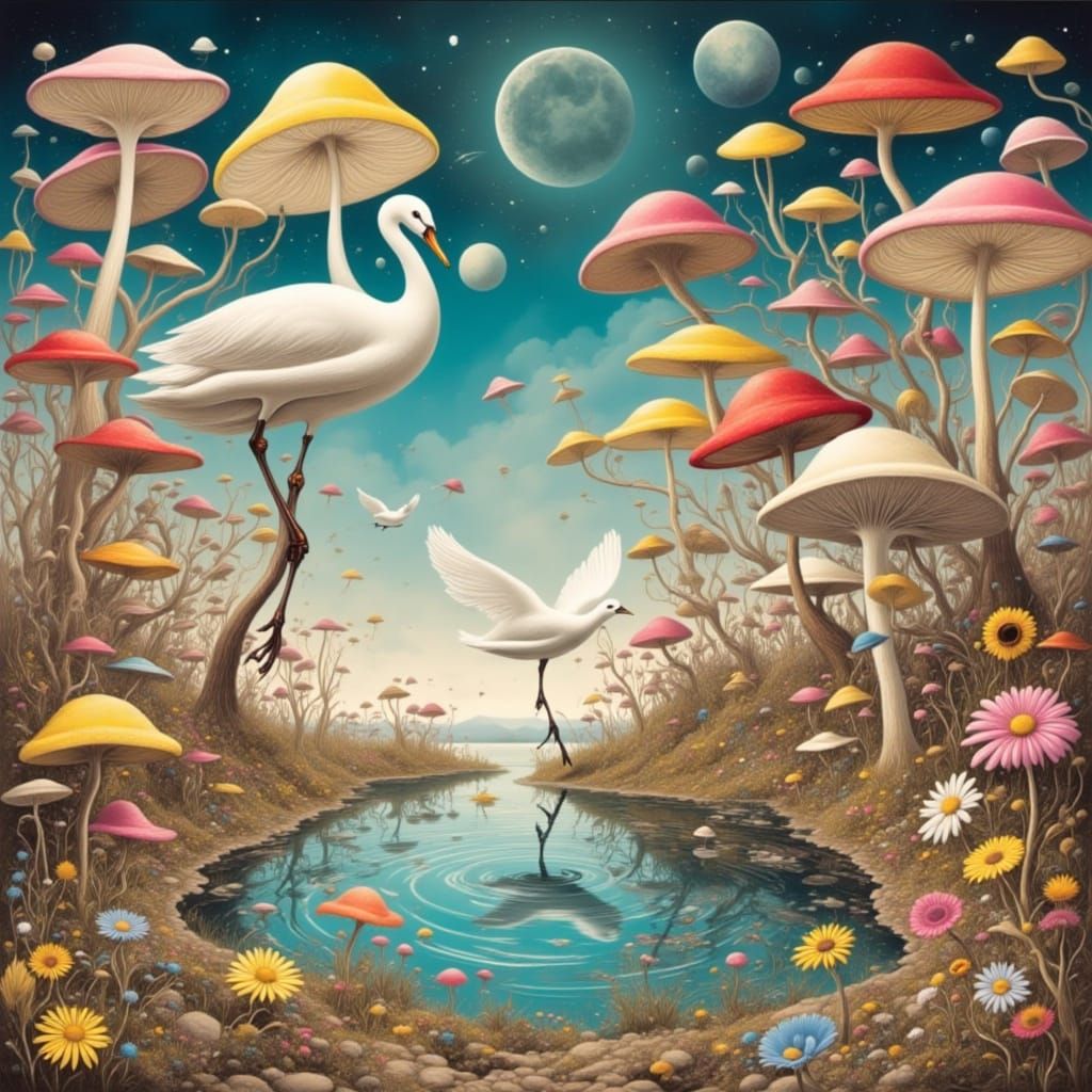 Mushroom Swan Lake Ballet in Vibrant Fantasy Style