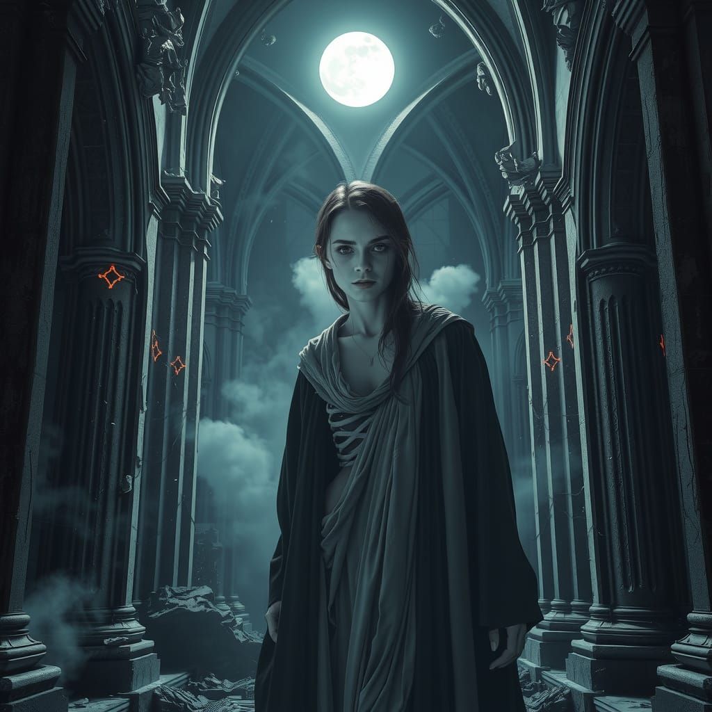 Ethereal Woman Emerges from Crumbling Cathedral