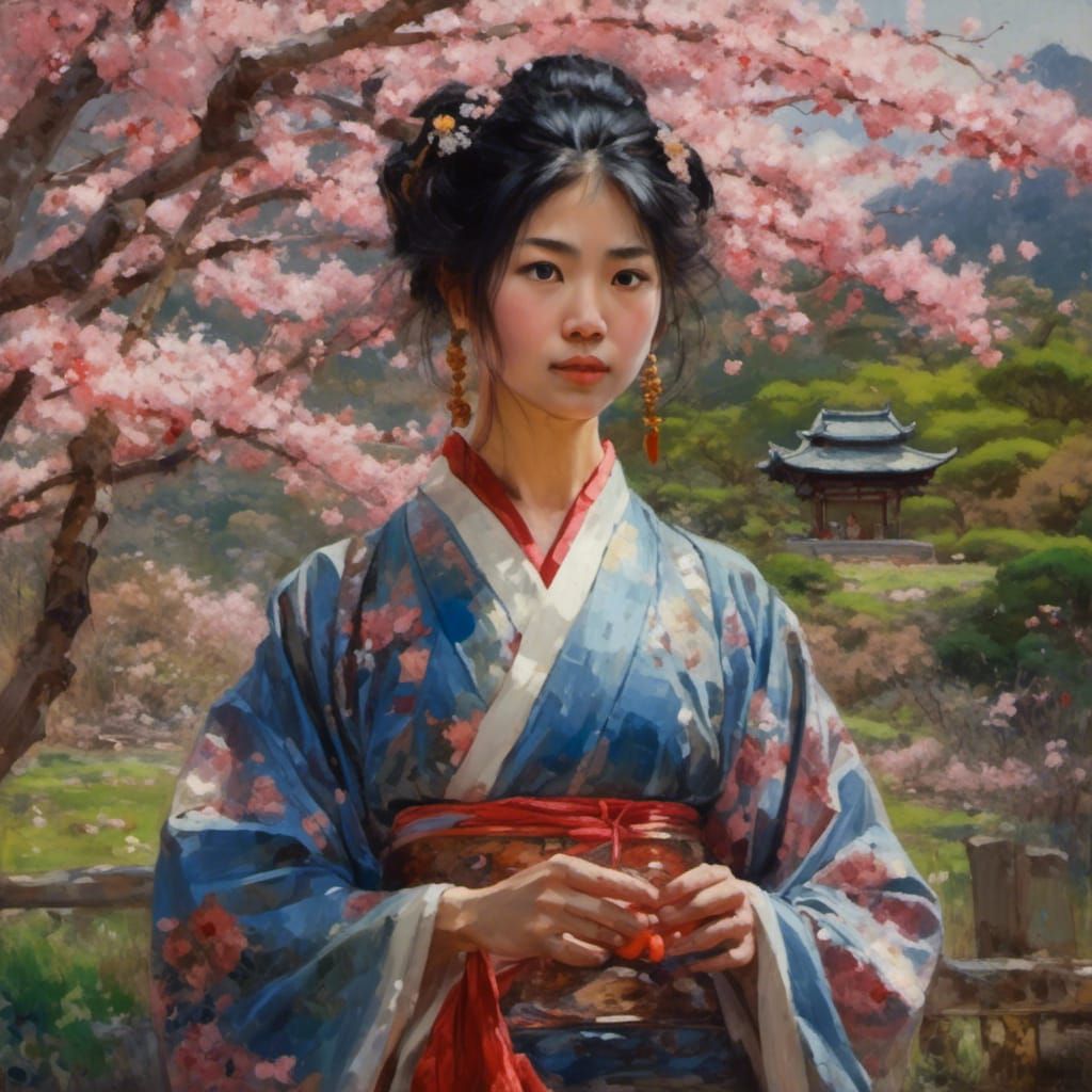 Asian Woman in Cherry Garden: Gurney-Style Oil Painting