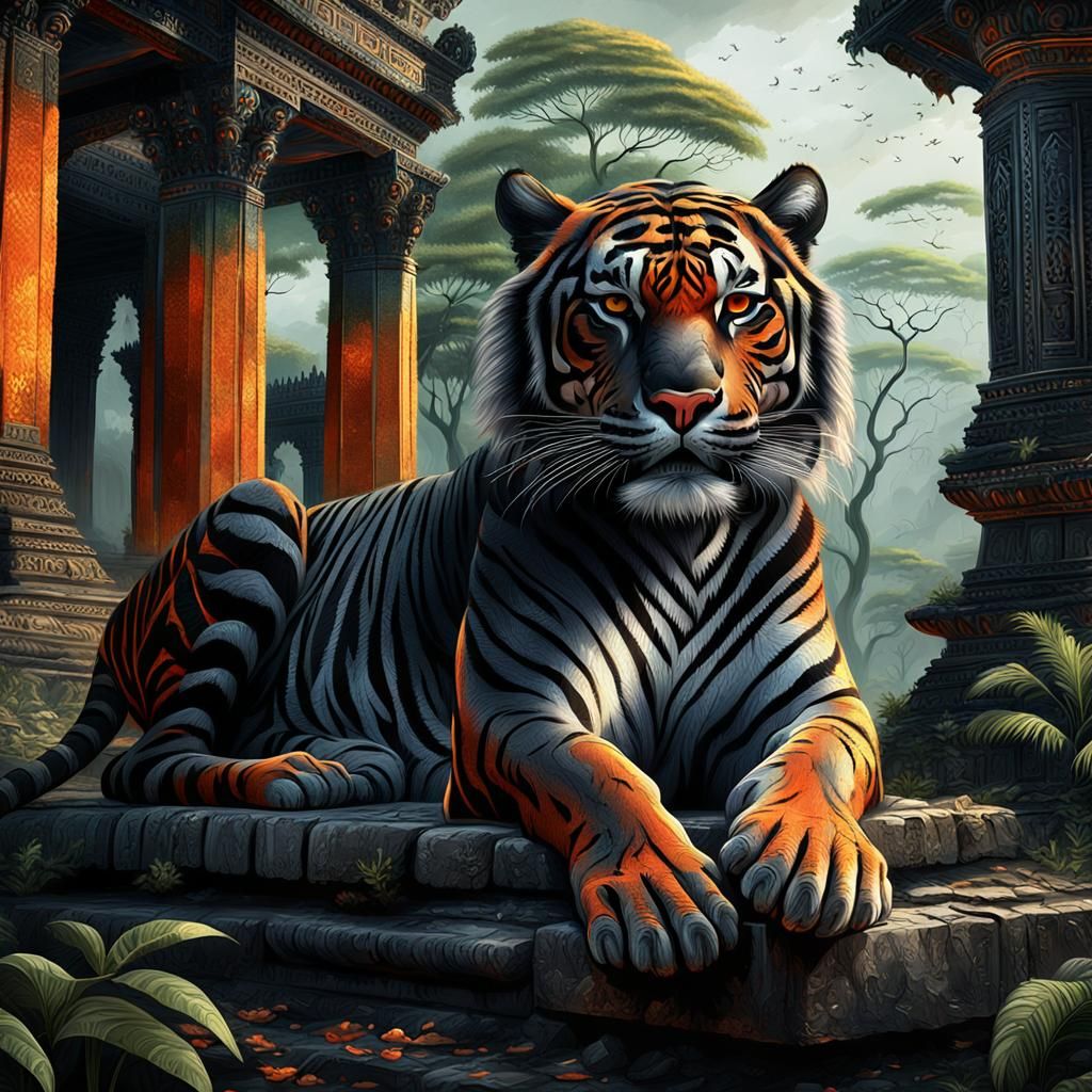 Black Tiger Lounging in Ruined Temple