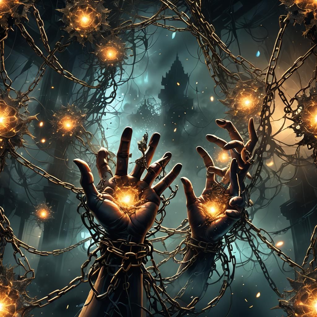 Chained Hands in Smoky Room with Fireflies