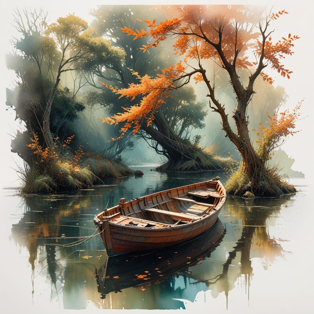 Autumn Serenity: Weathered Wooden Boat by a Riverbank