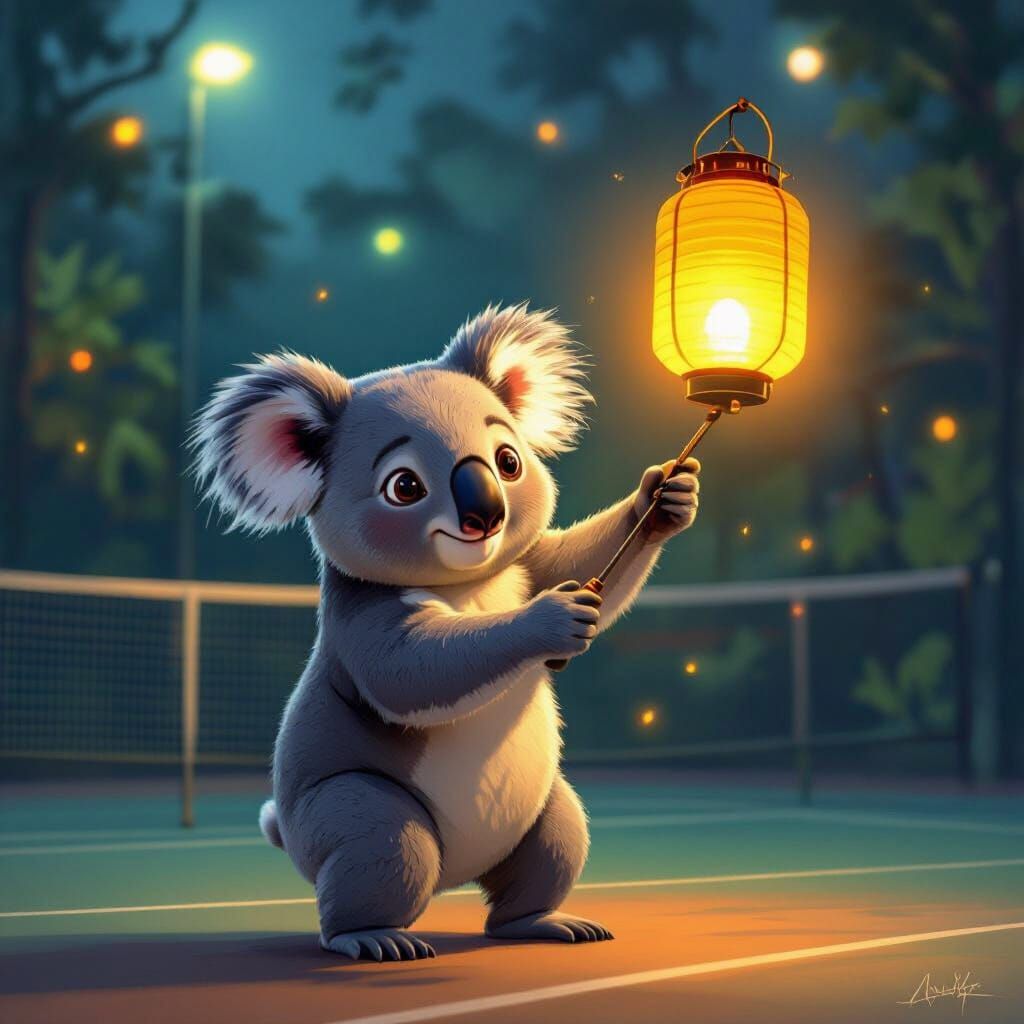 Koala Plays Badminton with Lantern in Whimsical Digital Pain...
