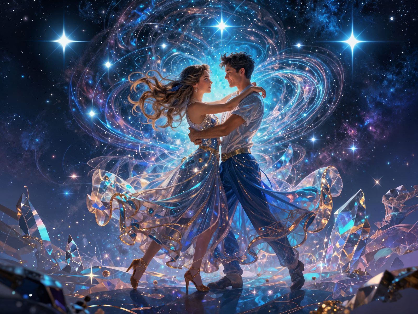 Cosmic Couple Dancing in Electric Blue Starry Sky