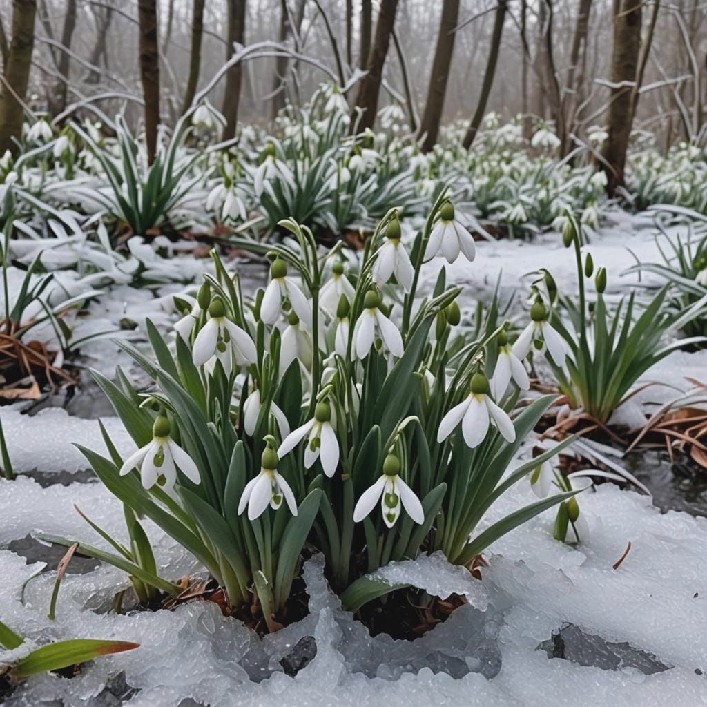 Snowdrops Bloom Through Winter Ice and Snow