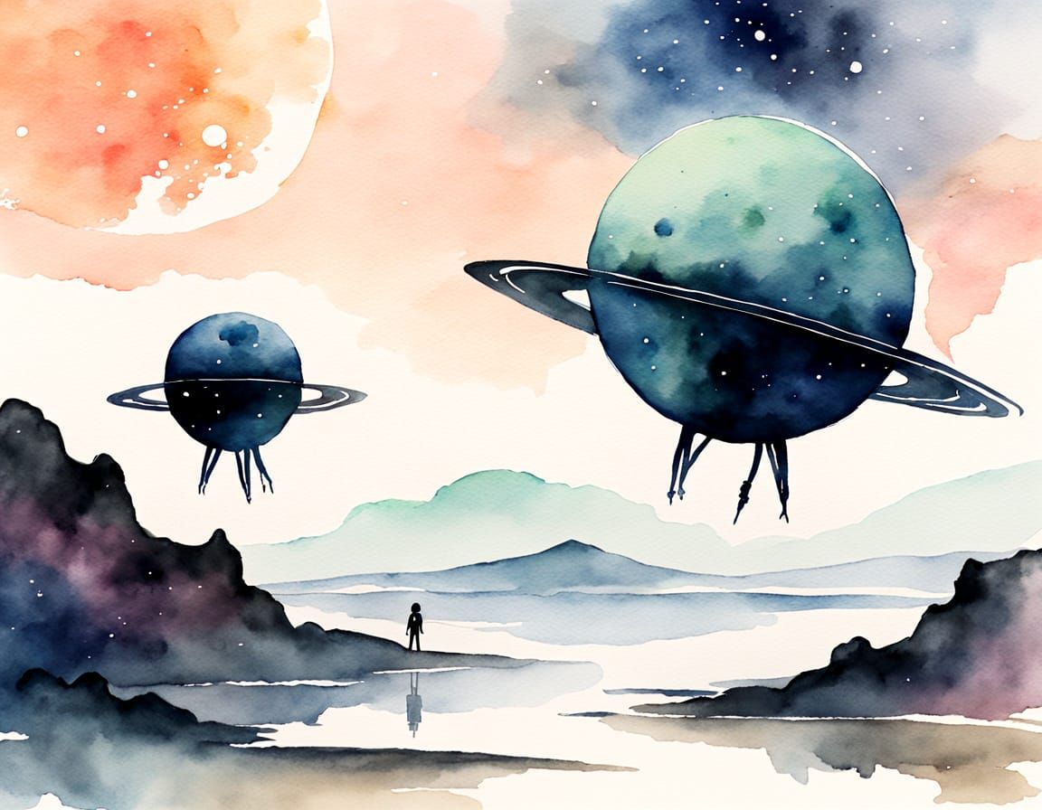 Peaceful Alien Meeting in Watercolor Style