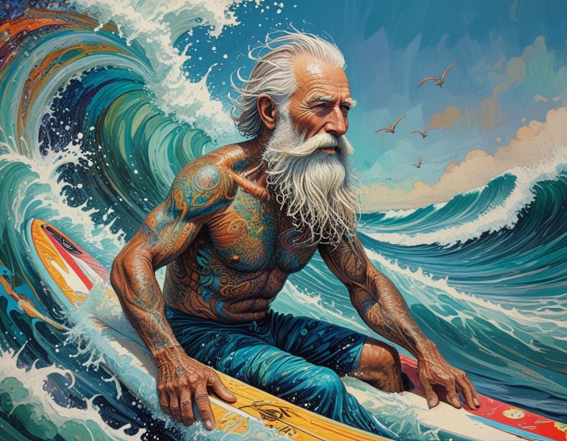 A Vibrant Old Man Surfs Amidst Intricate Details in Storyboo...