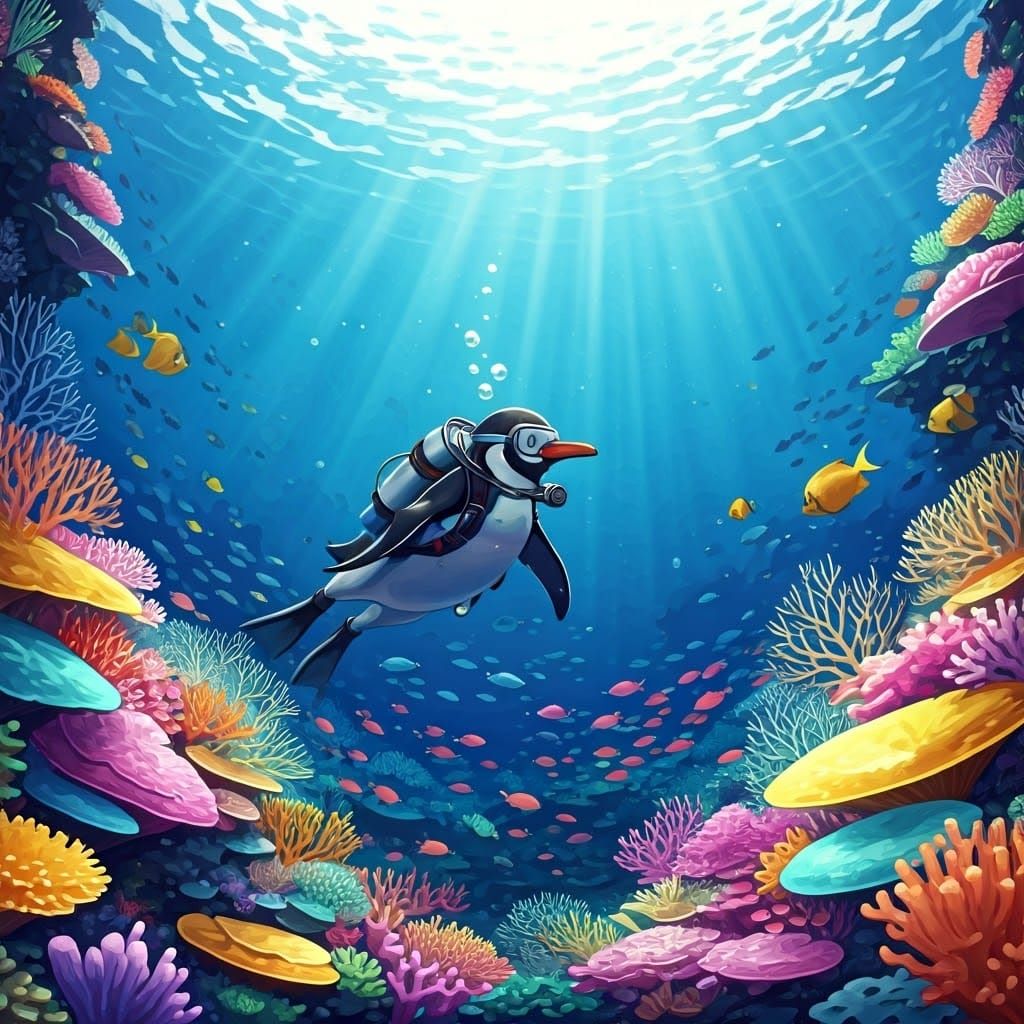Anime-Style Penguin Scuba Diving on Vibrant Coral Reef