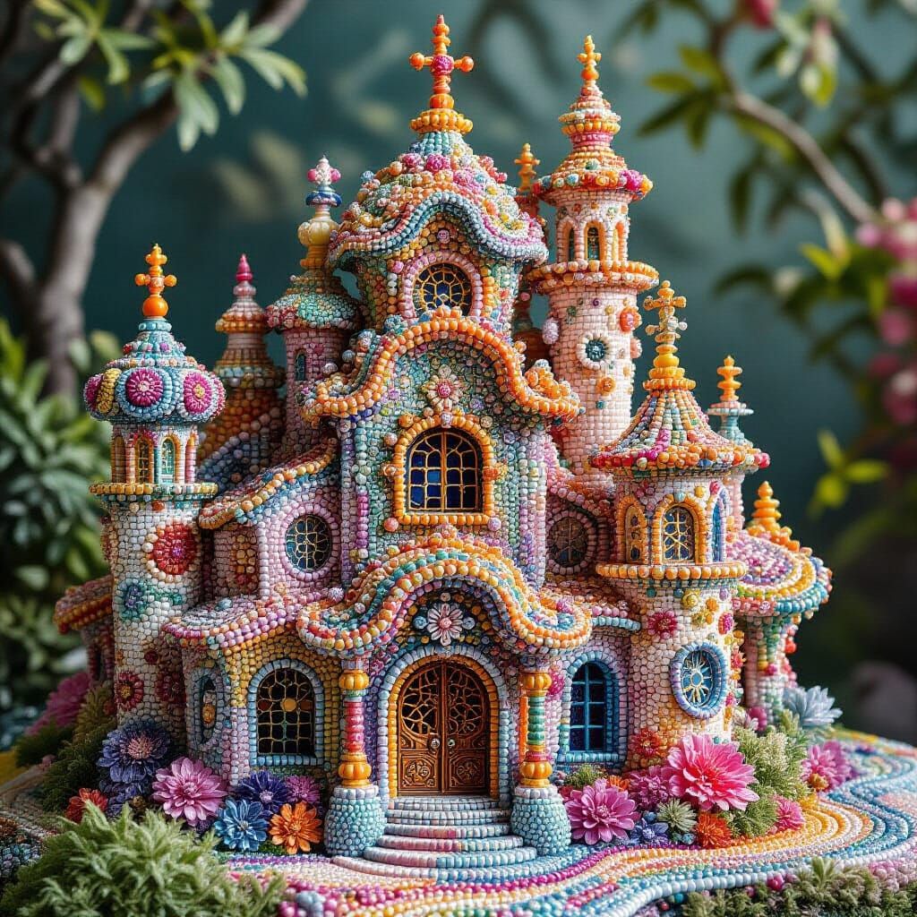 Colorful Bead Mosaic of Fantastical Architecture