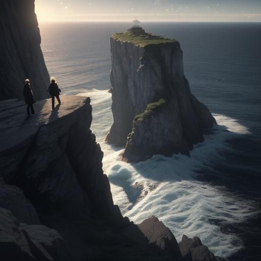 Moody Cliffside Figure at Twilight in 3D Anime Style
