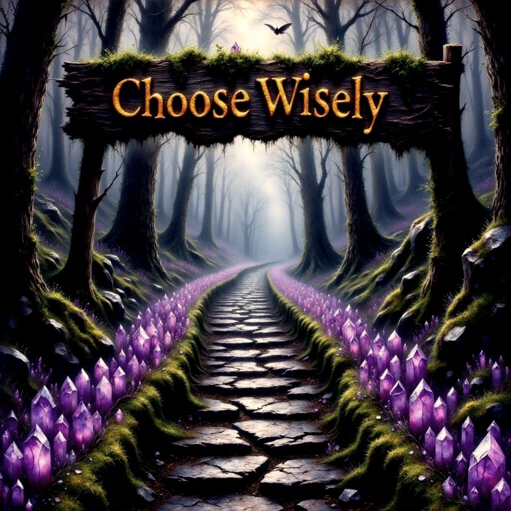 Mystical Forest Pathway with Amethyst Crystals and Wooden Si...