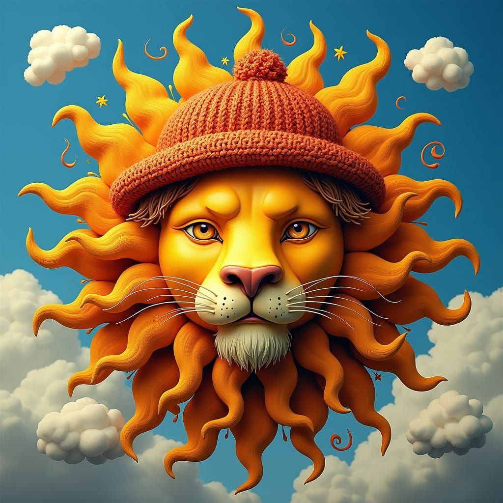 Lion Sun with Woolen Hat in Surrealist Style