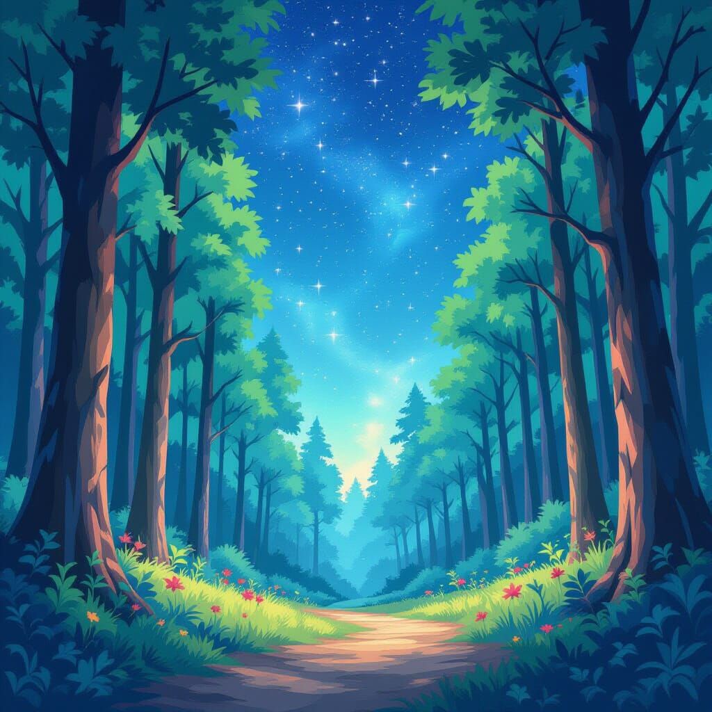 90s Anime Woodland Scene with Starry Sky