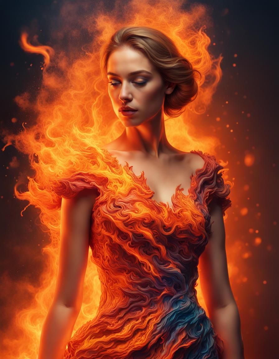 Woman in Dress of Fire: Hyperrealistic Concept Art