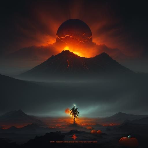 Pumpkin King in Fantasy Volcanic Landscape