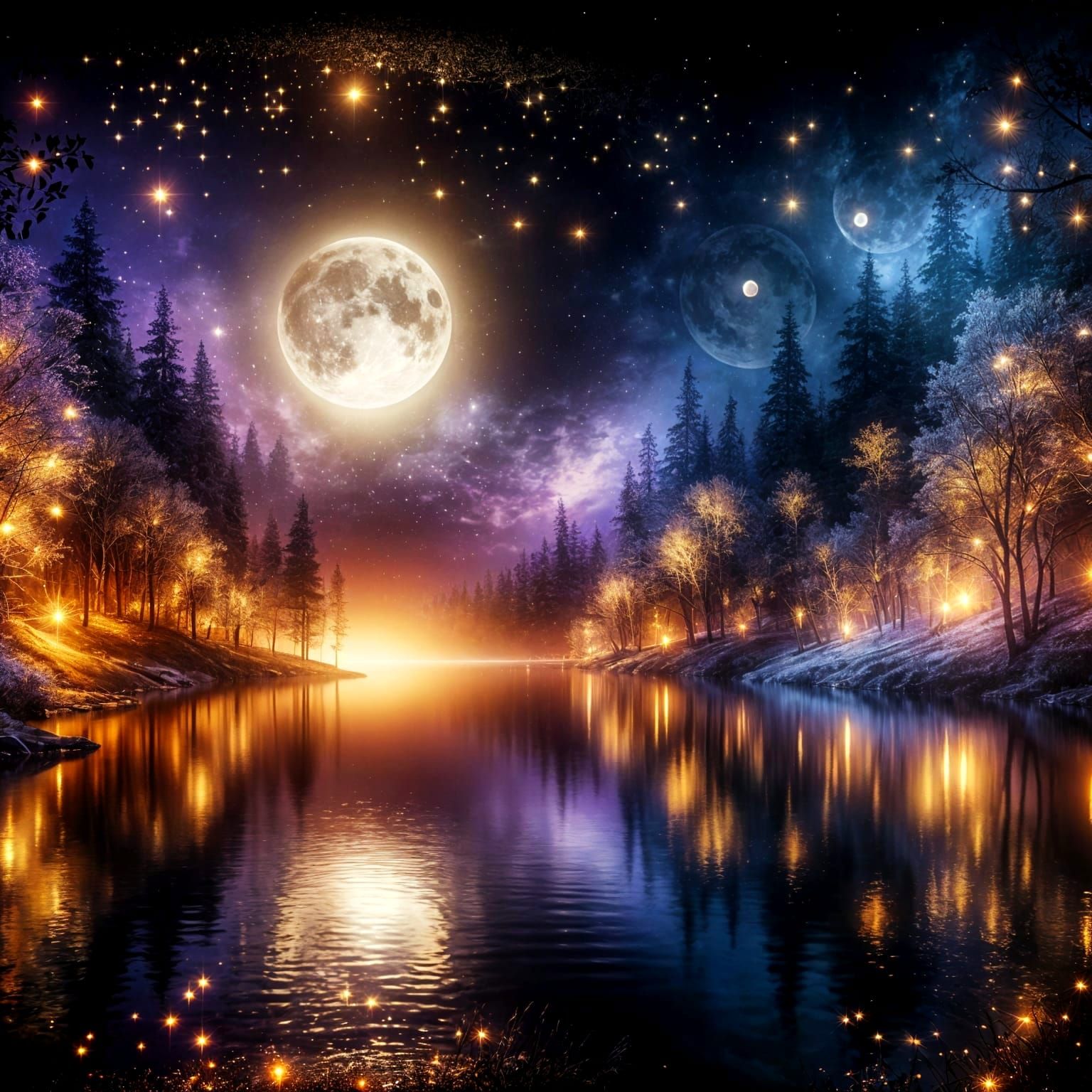 Enchanting Moonlit Landscape with Fairy Lights