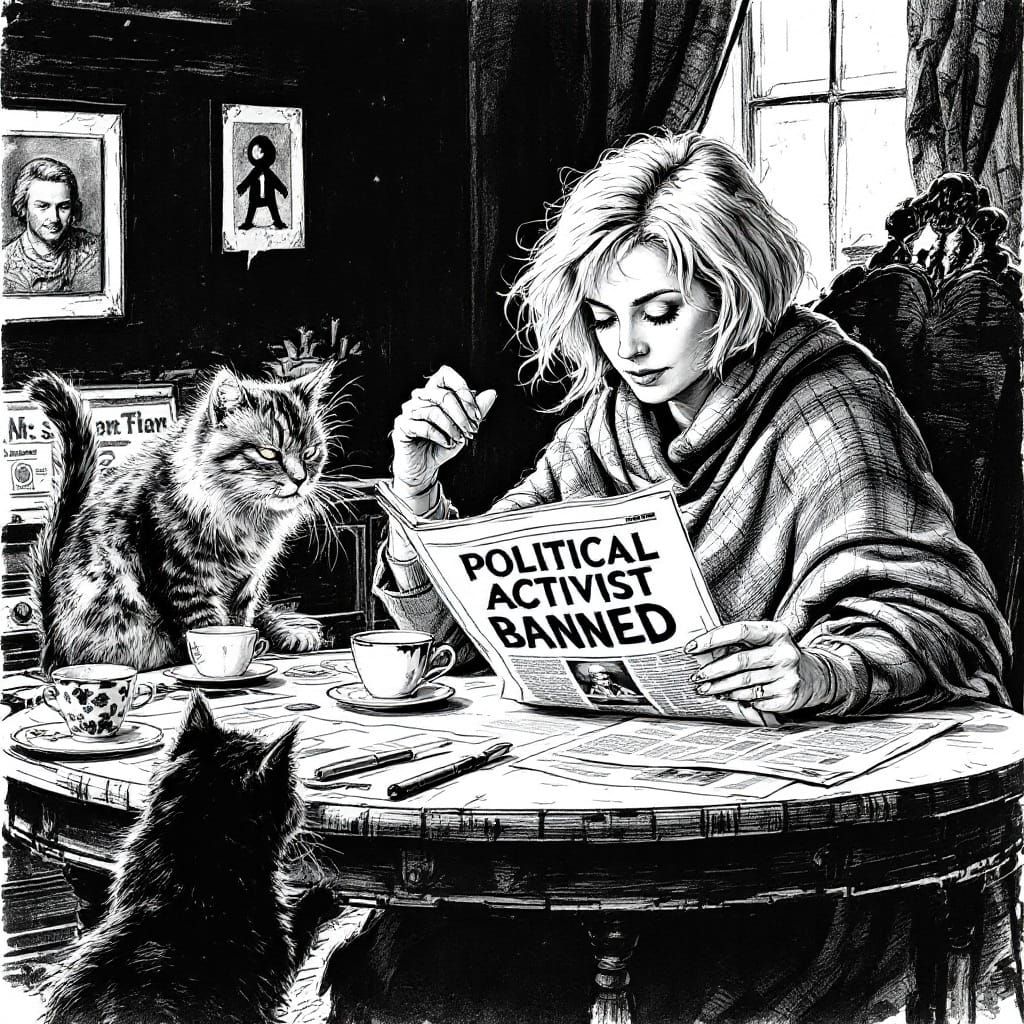 Woman with Cat and Newspaper in Whimsical Kitchen Scene