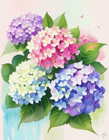 Hydrangea Flowers in Watercolor Splash Art