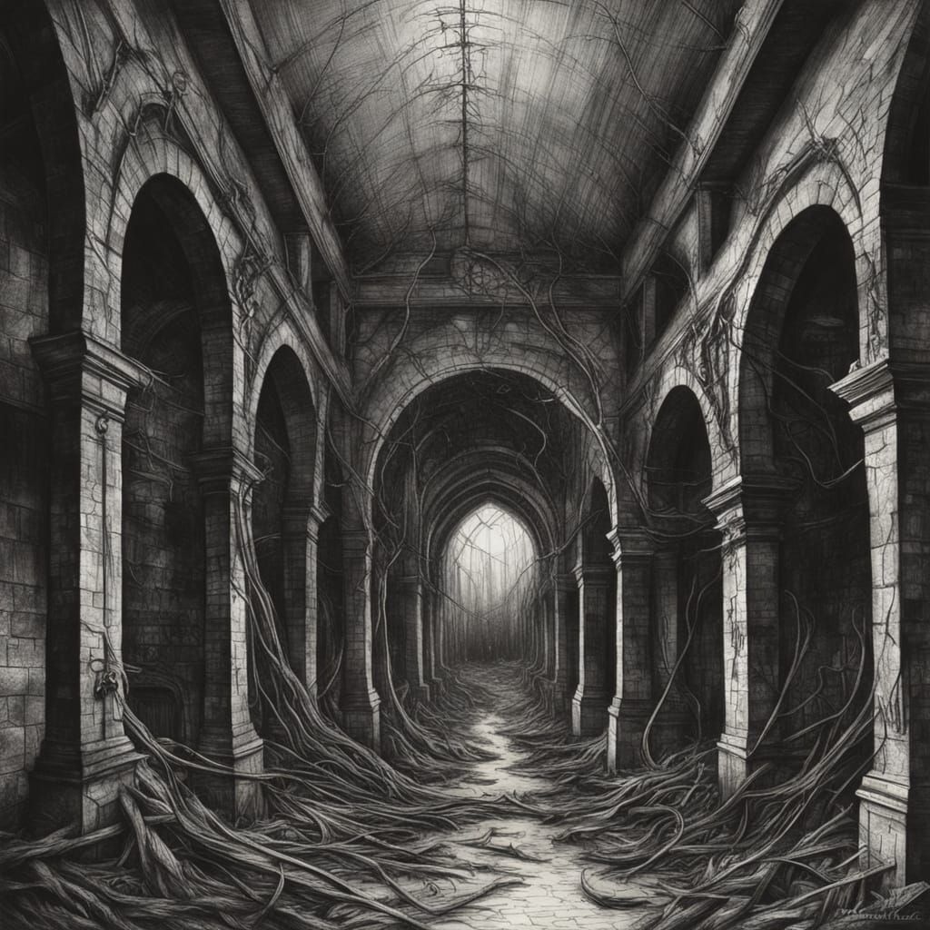 Macabre Archway of Stitched Corpses: Charcoal Drawing