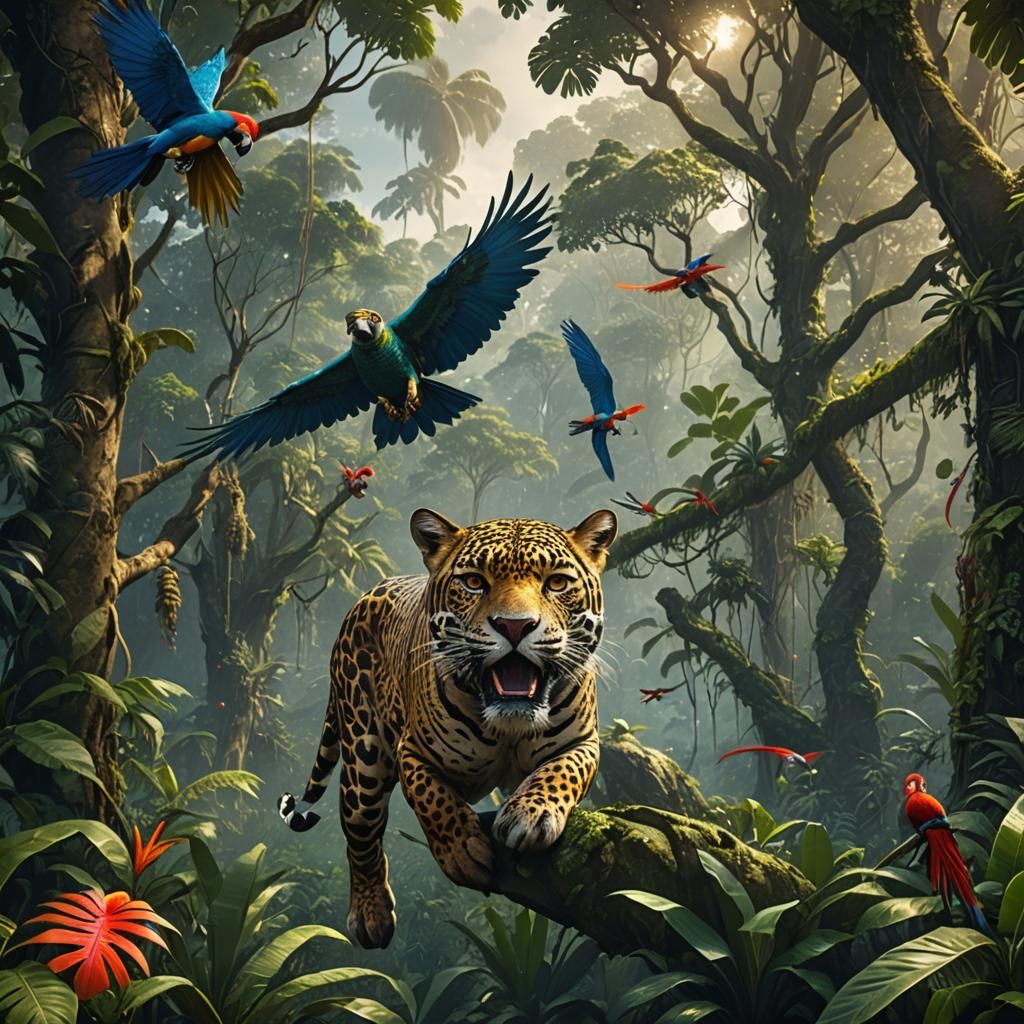 Jaguar in Jungle with Macaws: Fantasy Art