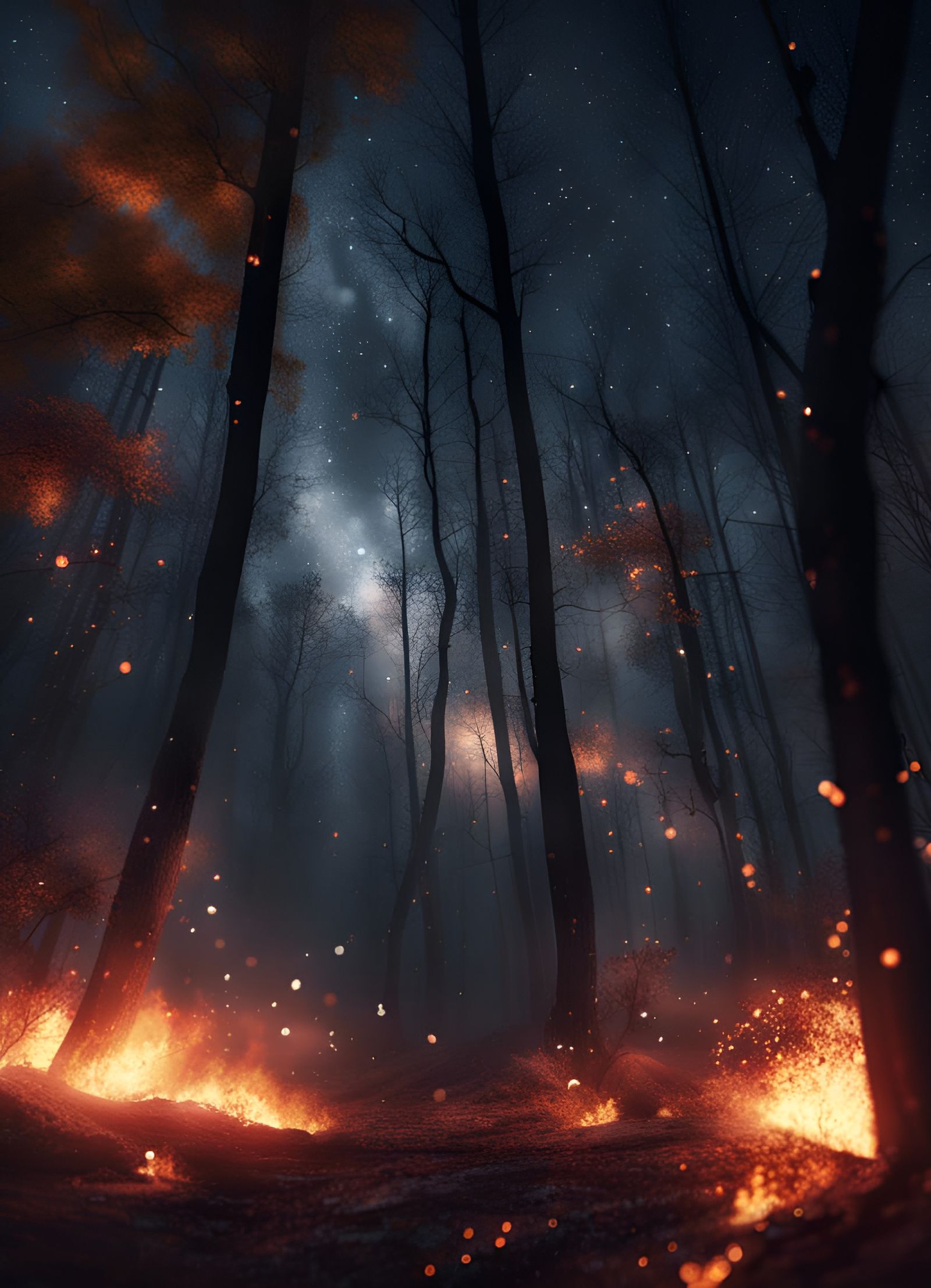 Hyperrealistic Wildfire Storm Under Starry Night Sky