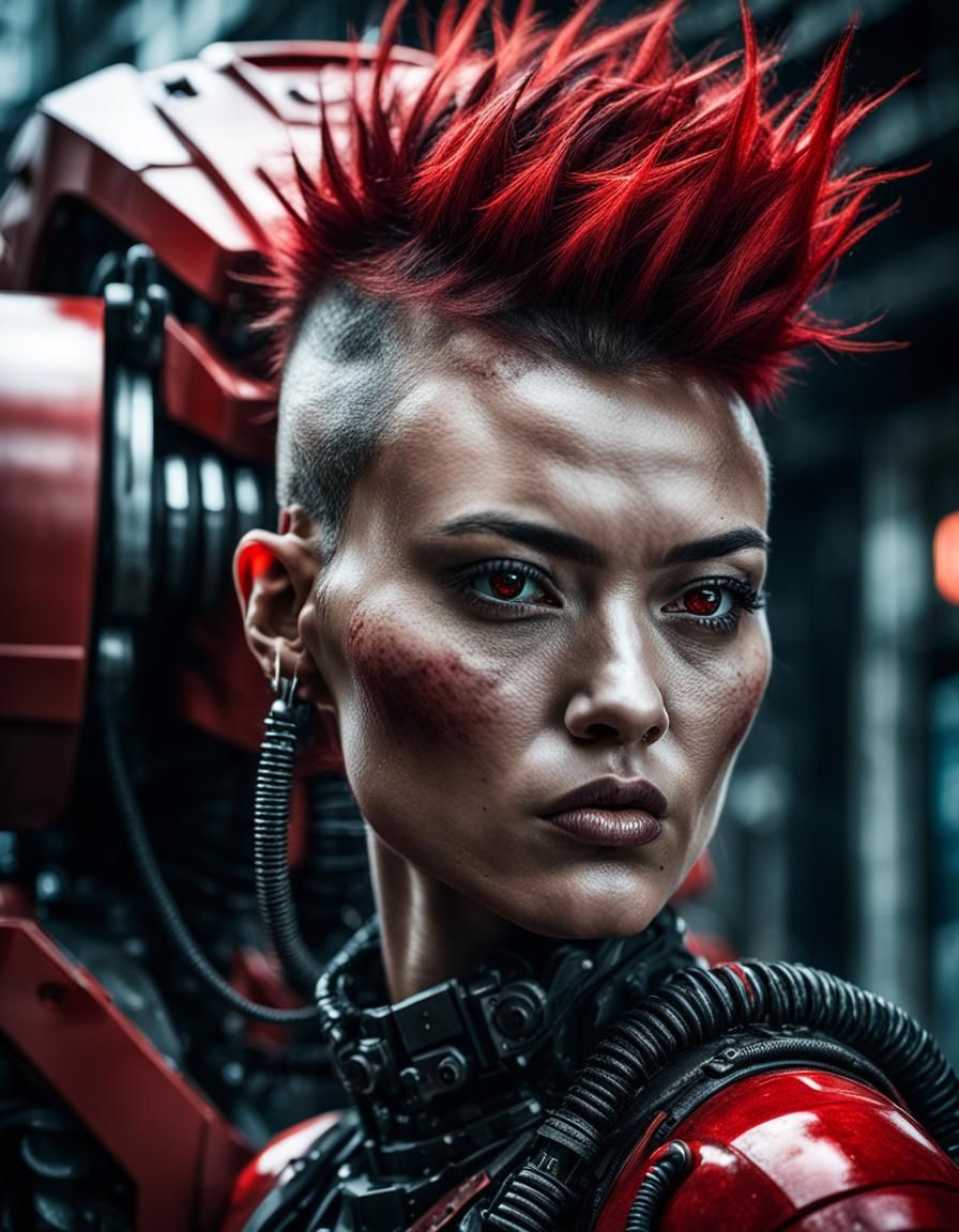 Cyberpunk Girl Meets Robot, Digital Portrait