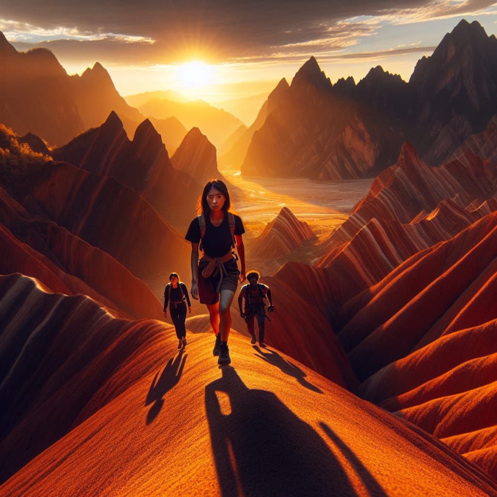 Hikers Ascend Yangyuanshi Mountain at Sunset