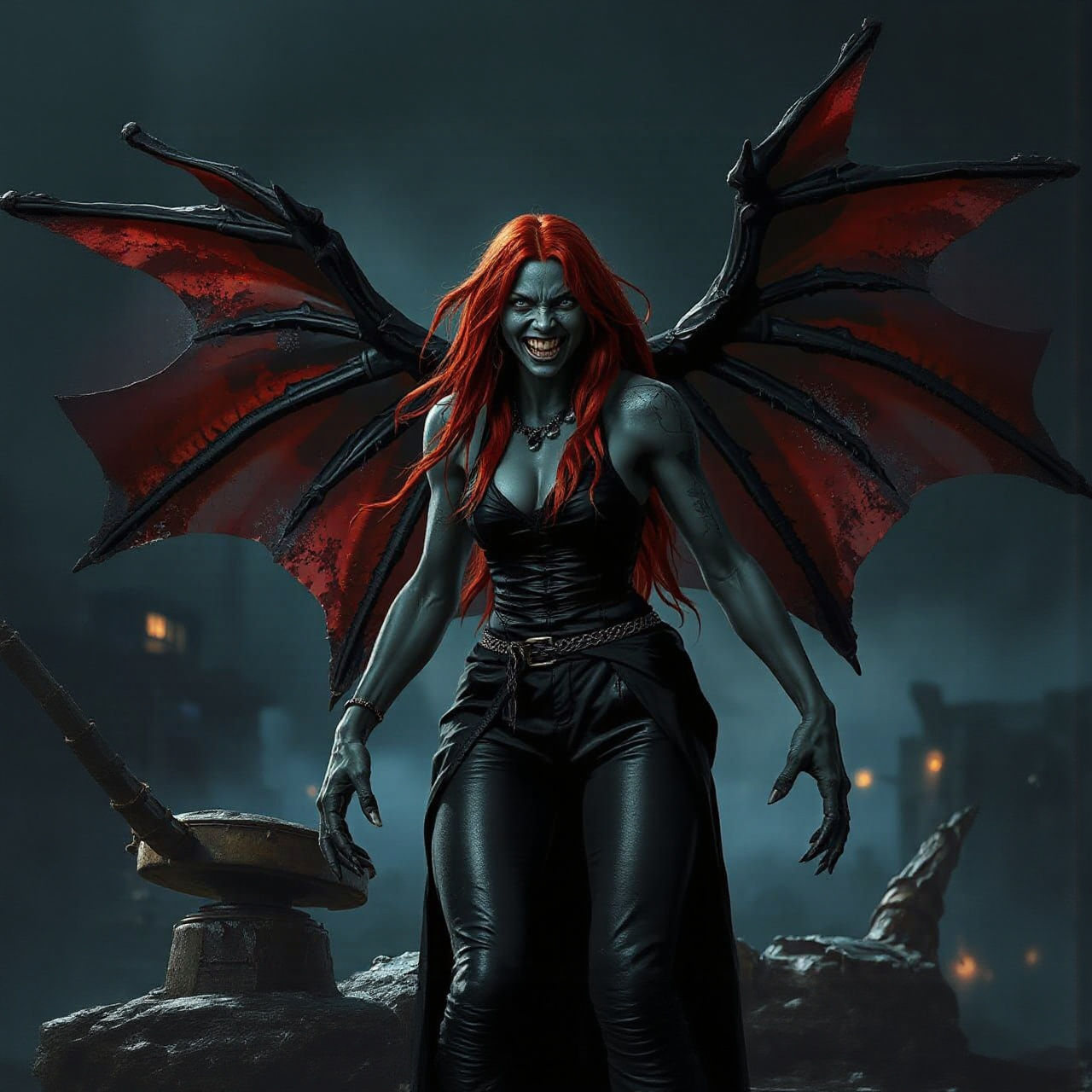 Fierce Female Vampire in Dark Post-Apocalyptic Landscape