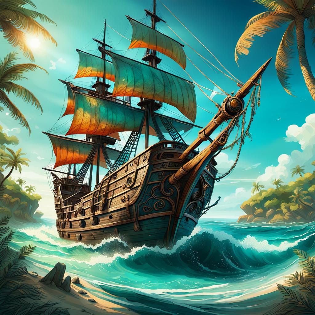 Pirate Ship Sailing on Caribbean Coast