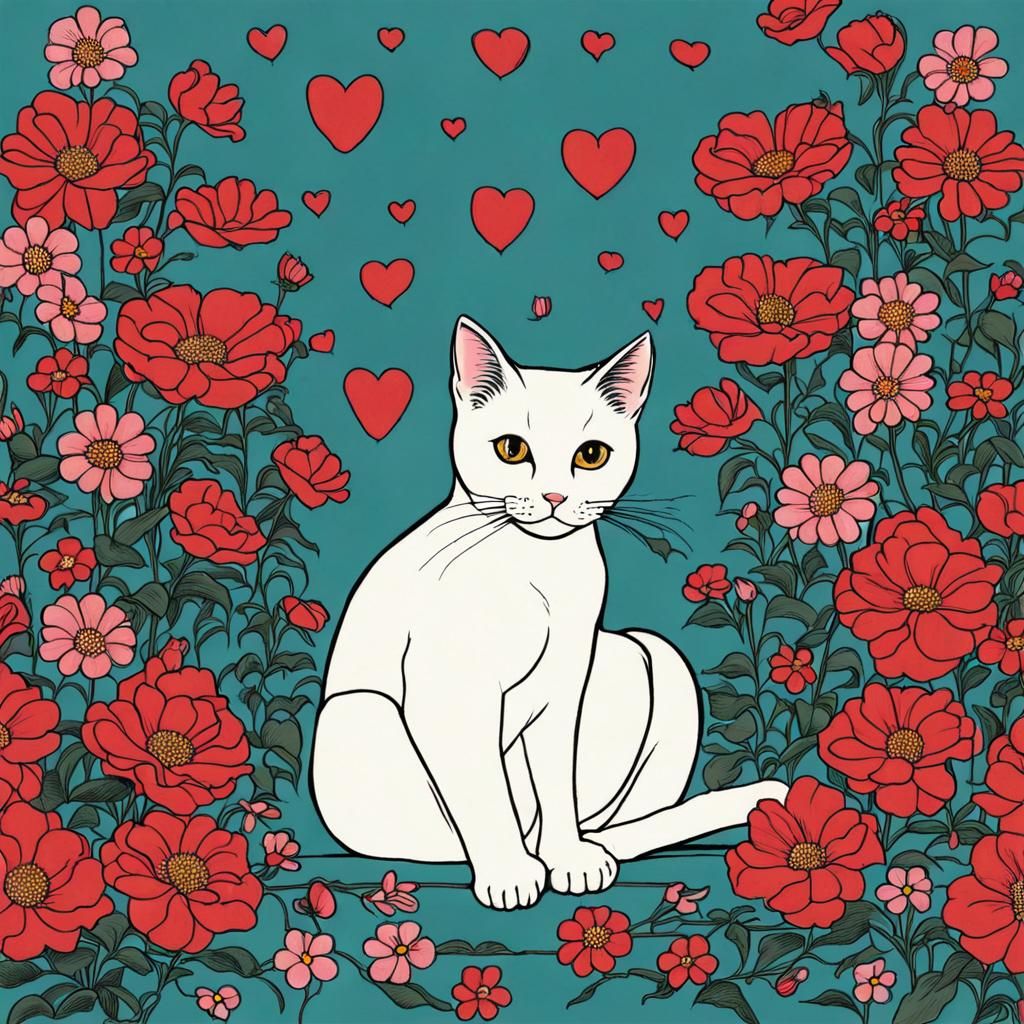 Pop Art Cat Surrounded by Flowers and Hearts