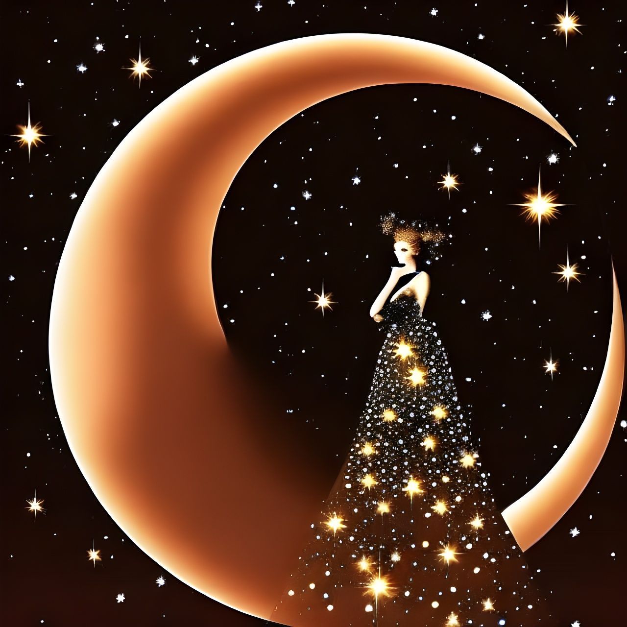 Elegant Lady on Golden Crescent Moon