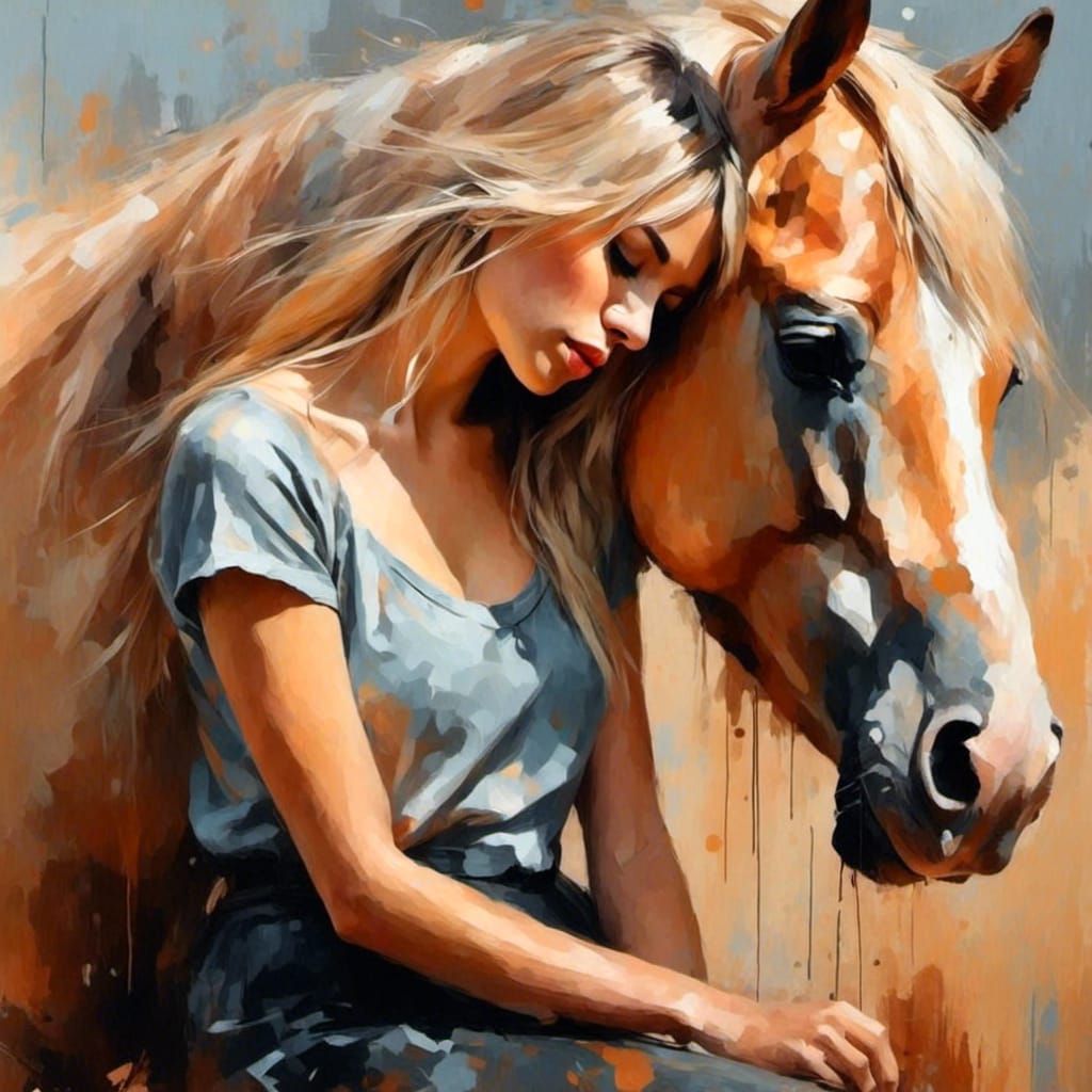 Cowgirl Asleep on Horse in Oil Painting Style